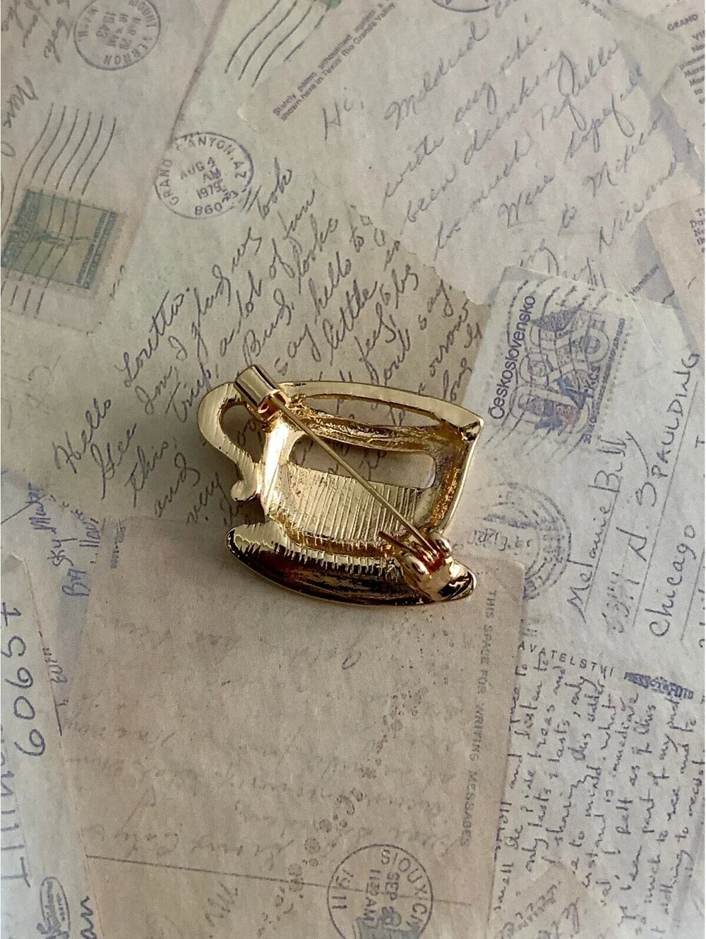 Cute Gold Tone Coffee Cup Pin Brooch with Amber Accent